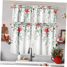  Christmas Kitchen Curtains and Valance Set of 3, Xmas Holly Christmas Holly