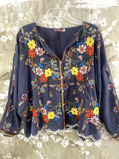 JOHNNY WAS Heavily Embroidered Floral Dolman Slv Kimono Festival Boho Top M