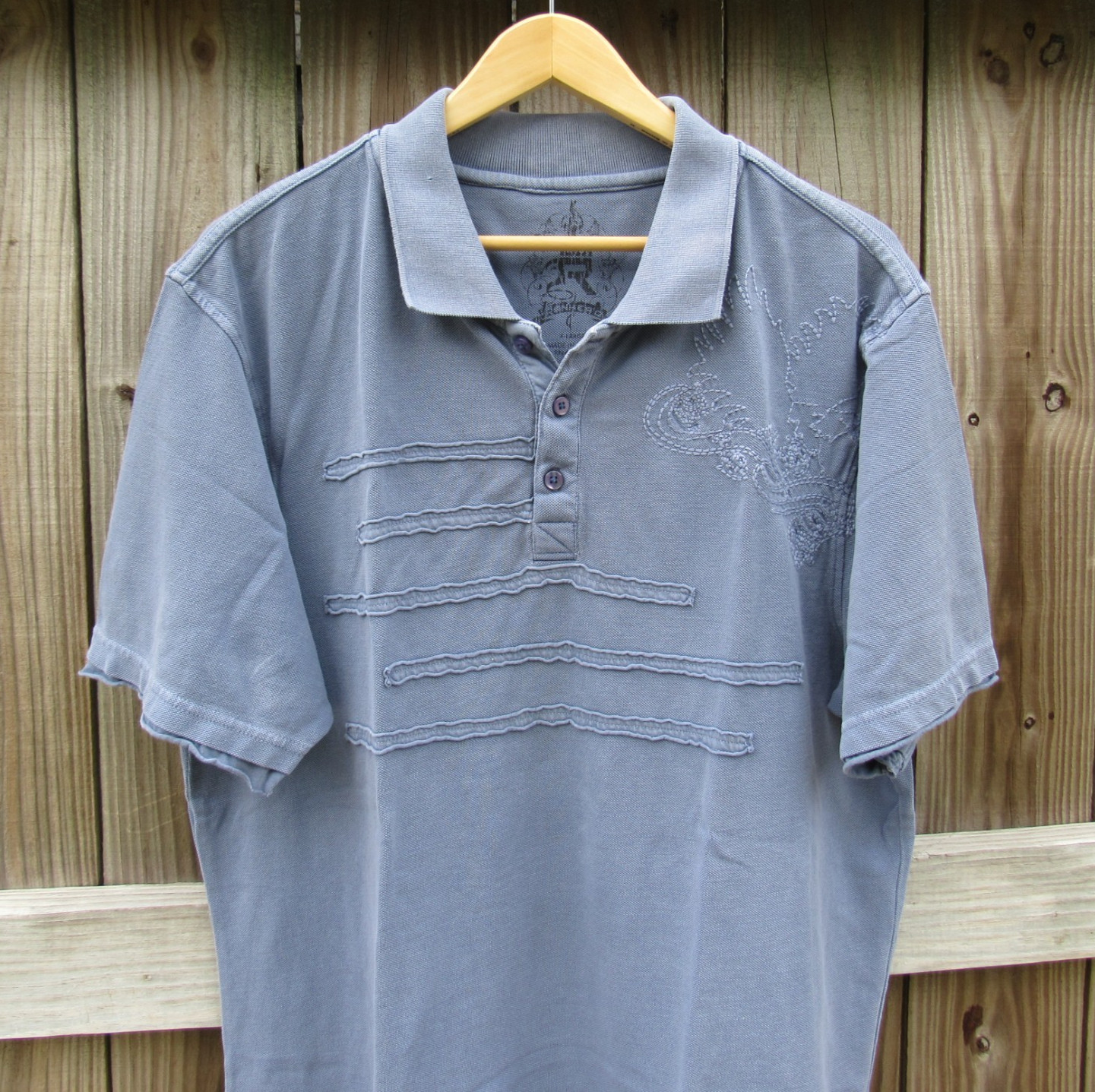 Vtg Y2K Inherit Distressed Graphic Polo Shirt XL Blueish Gray Affliction Gothic