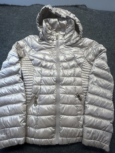 Calvin Klein Metallic Pearl/Taupe Puffer Premium Down Jacket Hood Size XSmall