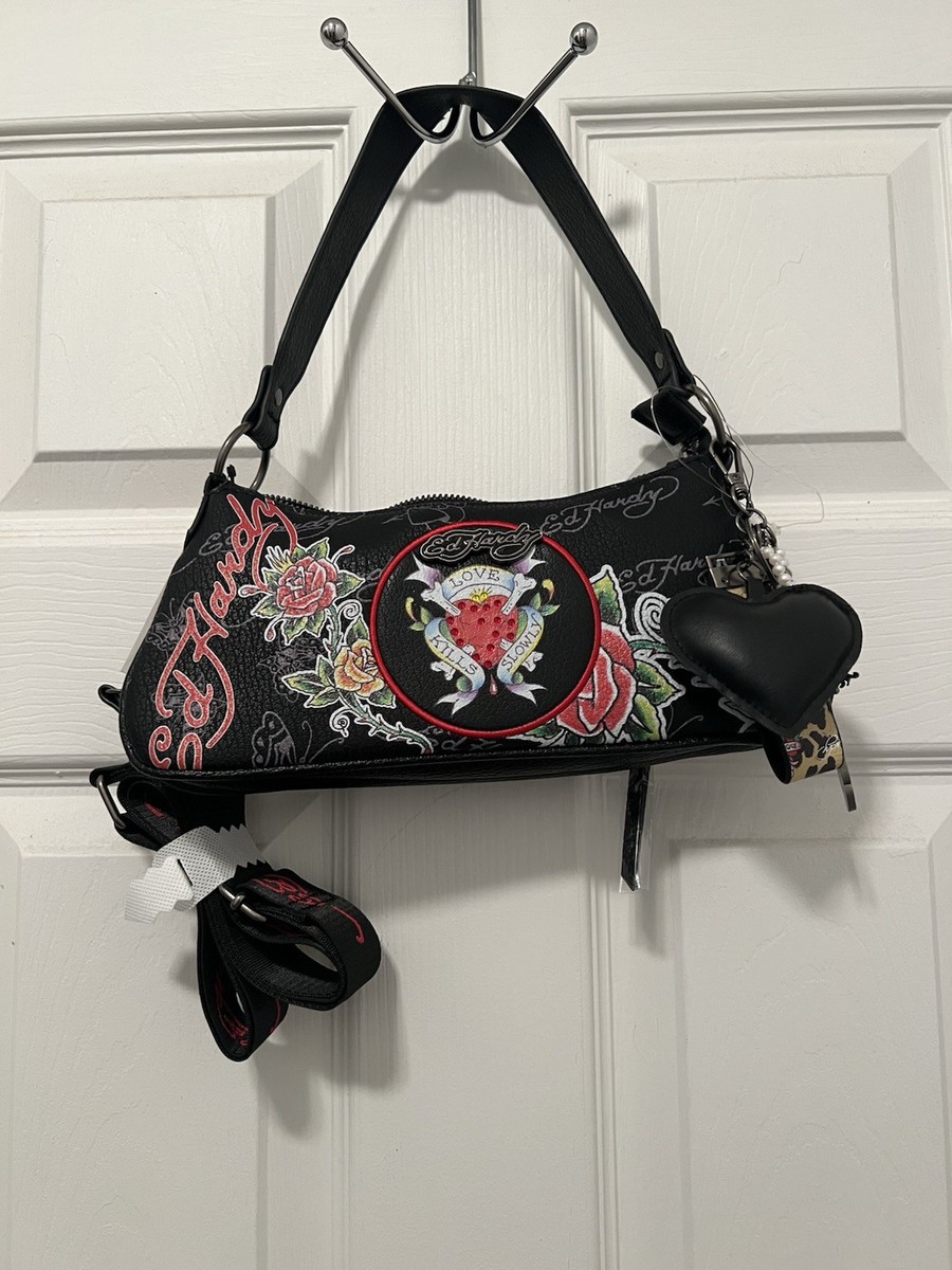 Ed Hardy Black Crossbody Bag Love Kills Roses Butterflies
