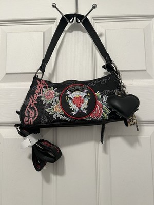 Ed Hardy Black Crossbody Bag Love Kills Roses Butterflies