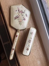 Vintage Embroidered Vanity Brush Set With Mirror & Clothes Brush Flower Design