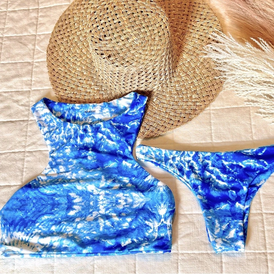 Conjunto de dos piezas de bikini Mikoh traje de baño azul teñido descarado parte inferior parte superior talla grande Foto 2 de 4