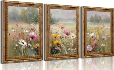 3D Textured Canvas Wall Art 3PCS Vintage Carved Gold Frame
