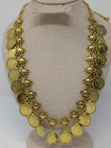 Vintage Style Gold Tone Coin Dangle Statement Necklace Liberty Coin Fringe...