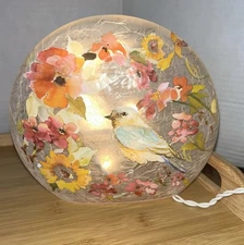 Lighted Bird Floral Crackle Glass Half Globe Lamp Tabletop Home Decor Nightlight