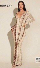 SHEIN SXY Brown Tie Dye Plunging Neck Long Length & Long Sleeve Bodycon Dress