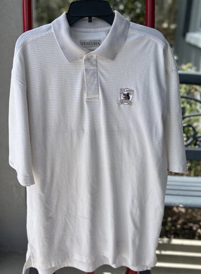 Polo de golf para hombre PGA U.S Open 2007 Oakmont Country Club mediano crema/bronceado a rayas. Foto 2 de 4