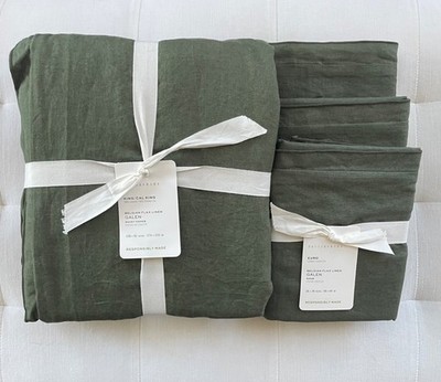 Pottery Barn BELGIAN FLAX LINEN GALEN Duvet King & 3 Euro Shams Cypress NWT