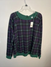 Crown & Ivy Women’s 2X Plaid Long Sleeve Sweatshirt Top NWT