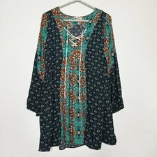 Umgee Tunic Top Medium Boho Patchwork Lace Up Peasant Boho Floral Hippie Pocket