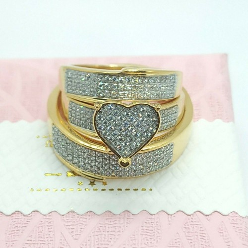14K Yellow Gold Plated His & Her Moissanites Heart Bridal Wedding Trio Ring Set - Picture 4 of 10