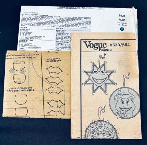 VOGUE 8533 JIM HENSON 4” MUPPET ORNAMENTS PATTERN KERMIT FOZZIE ANIMAL FF UNCUT - Picture 3 of 4