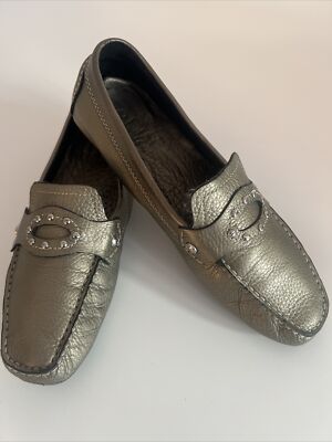 Cole Haan Shelby 7.5B Gold Bronze Studded Driving Loafer Moccasin Leather SB