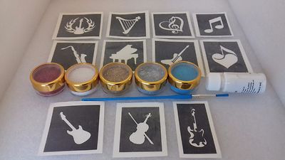 Musik Motto Glitzer Tattoo Set inkl. Schablonen + Glitzer Gitarre Sax Violine Klavier