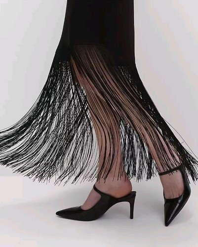 M&S Fringe Detail Asymmetric Midaxi Slip Skirt UK SIZE 16 PETITE BLACK - Picture 6 of 9