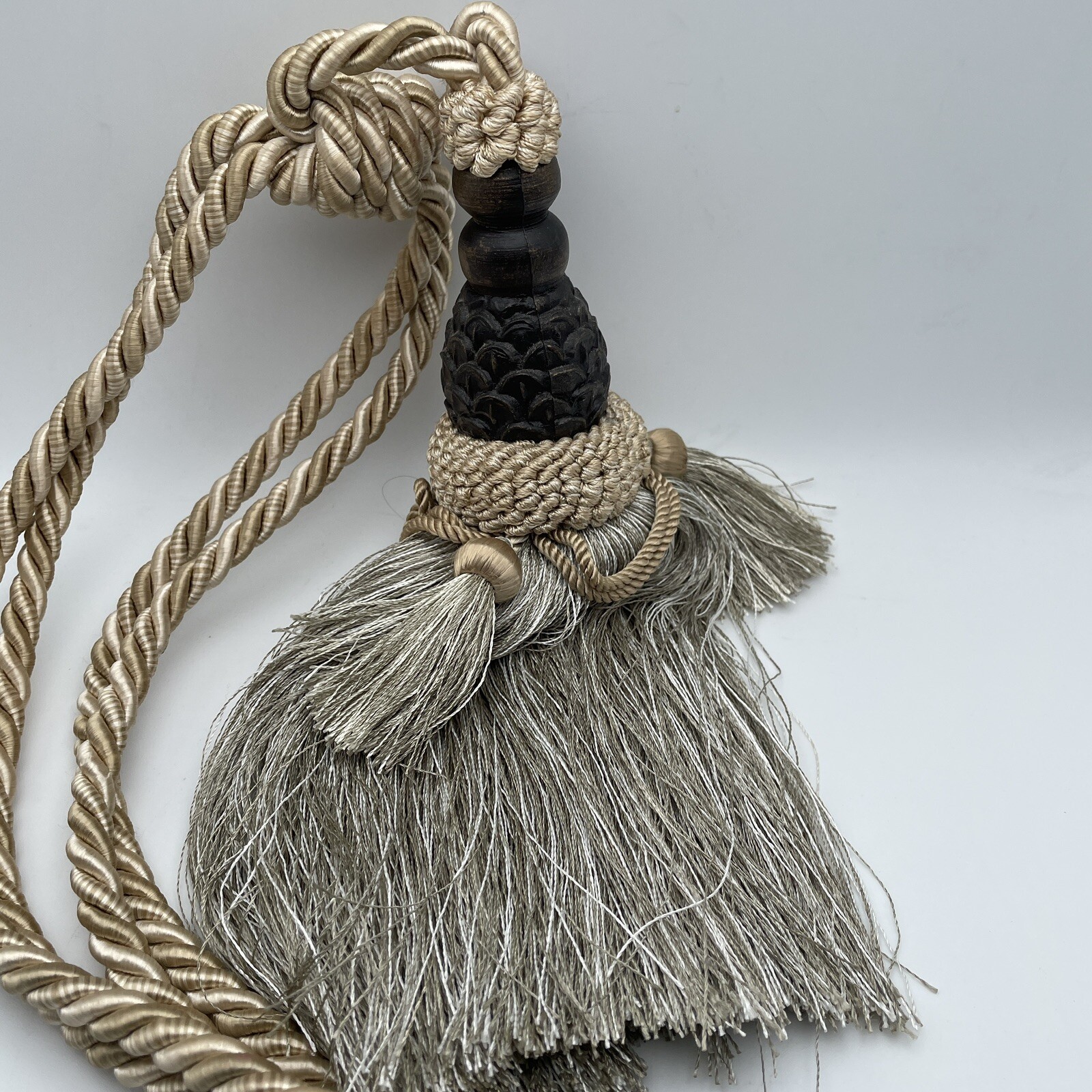 Large 10" Tassel Curtain Drapery Tieback Taupe Gold Brown Ornate Corded Rope