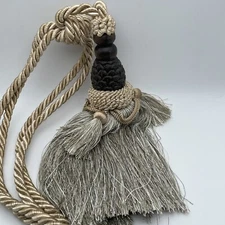 Large 10" Tassel Curtain Drapery Tieback Taupe Gold Brown Ornate Corded Rope