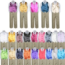 4pc Boy Baby Toddler Kid KHAKI Pants Suit Set Pick Color Vest Necktie size S-7