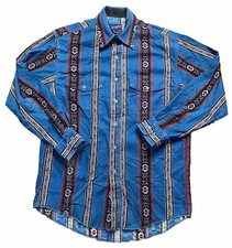 Vintage Wrangler Mens 16-34 X-Long Tails Aztec Blue Long Sleeve Button Shirt USA
