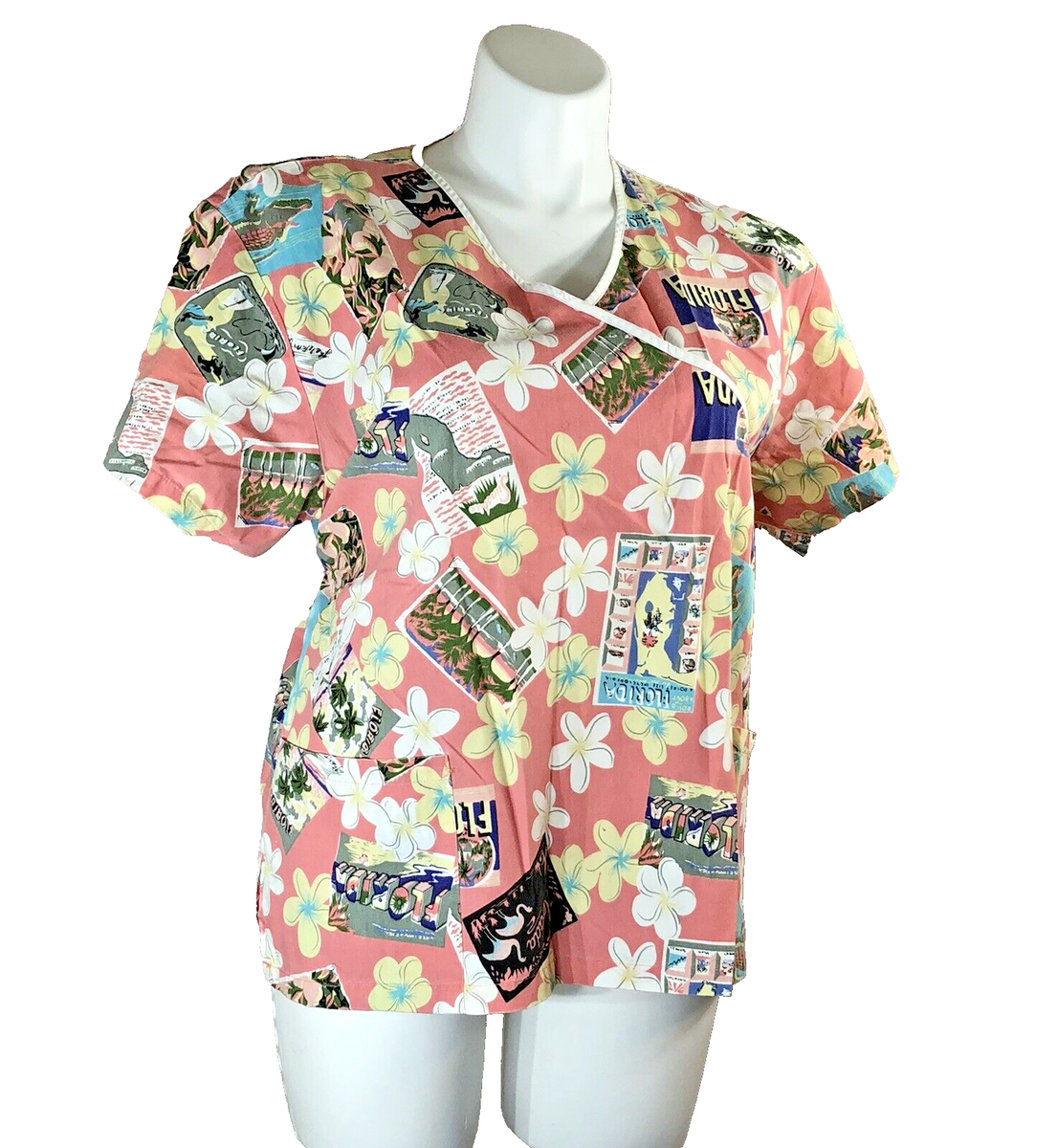 Nurse Scrub Florida Size XL Salus Flamingo Flowers V-Neck Wrap