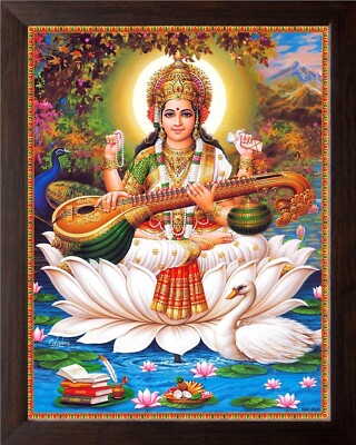 Goddess Saraswati with Swan Painting HD Printed Religious Picture Wooden Frame
