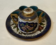 Miniature Brass Chinese Cloisonn  Teapot 4 Cups  Serving Tray 3  Diameter