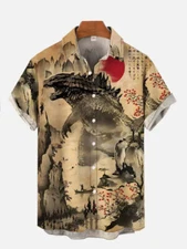 Japanese Classic Movie Godzilla Art 3D Print Button Up Hawaiian Lapel Shirt Tops