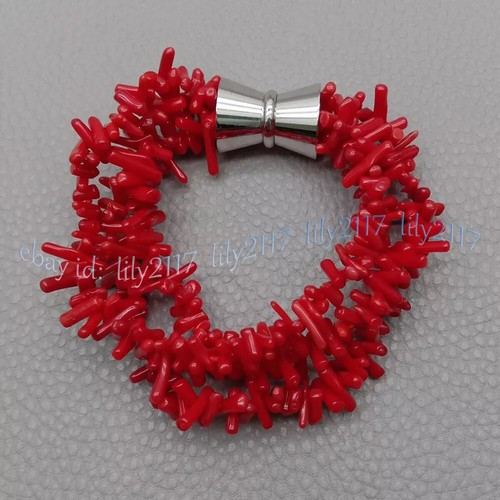 3 Strands Natural Red Coral Chip Gems Beads Bangle Bracelet 8'' Magnet Clasp - Picture 2 of 6
