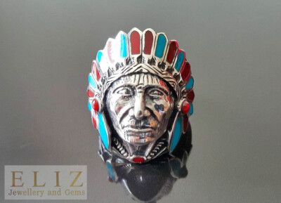 American Indian 925 Sterling Silver Ring Cherokee Chief Feather biker ...
