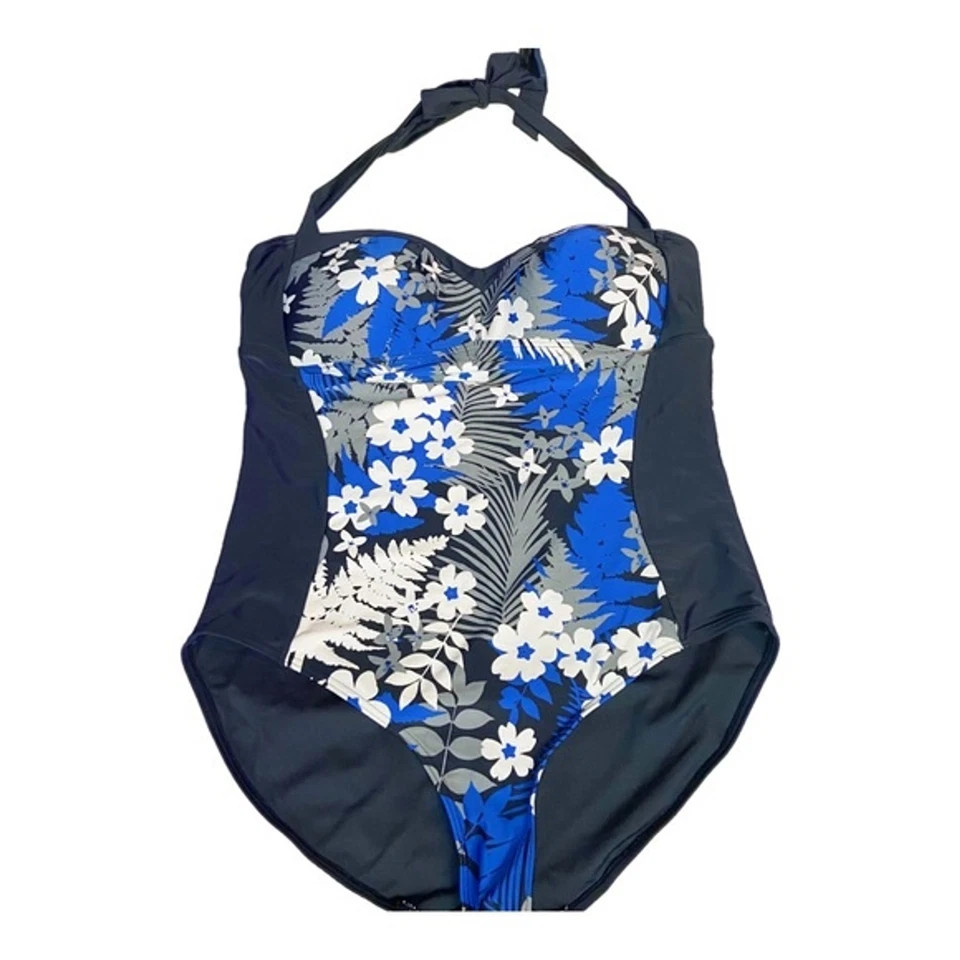 Tropical Escape Negro Azul Blanco Gris Floral Halter Una Pieza Traje de Baño 16 Foto 2 de 4
