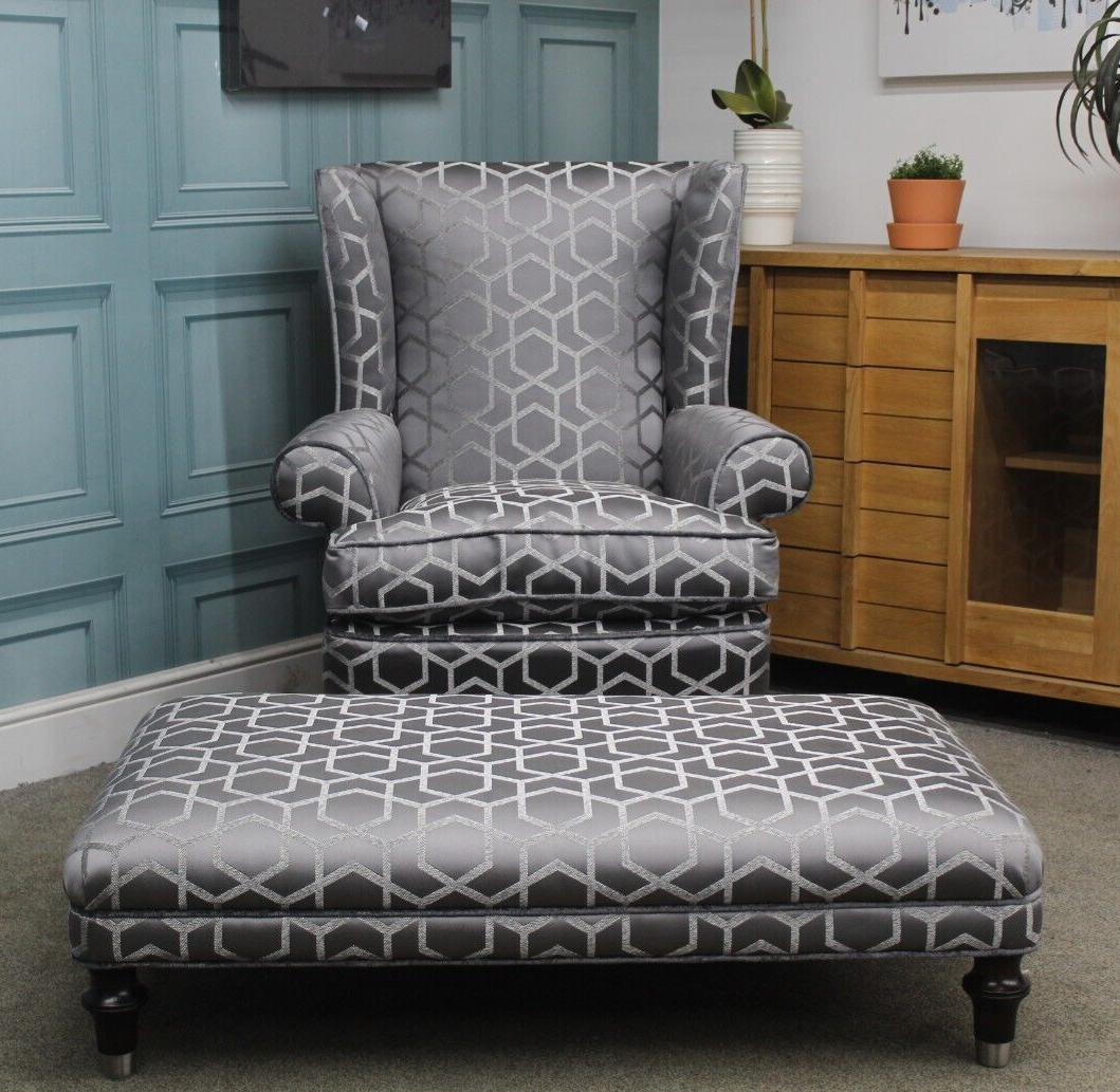 DURESTA, HARVARD WING CHAIR & FOOTSTOOL IN FITZGERALD STORM FABRIC. RRP