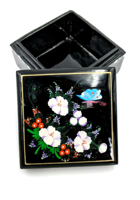 Black Lacquered Wood Trinket Boxes Thai Asian Design White Flowers Thailand VTG