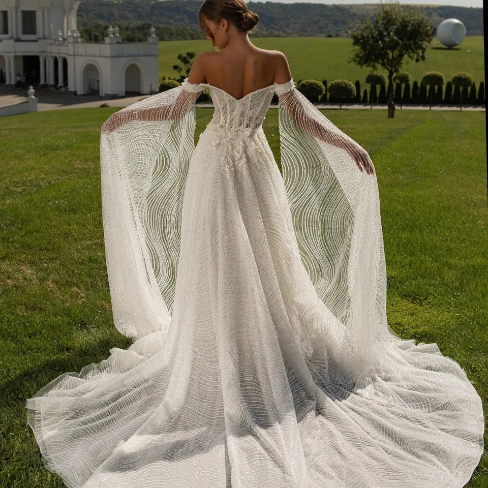 Luxury Mermaid Wedding Dresses Off Shoulder with Detachable Train Bridal Gowns - Image 3 of 4