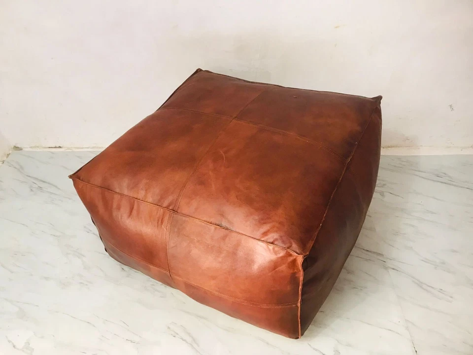 Leather Moroccan Footstool Boho Ottoman Claasic Genuine Pouffe Handmade - Image 3 of 4