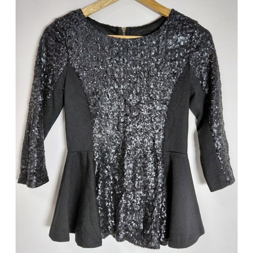 Eros Apparel New York Sequin Peplum Top Black Solid Knit Size S