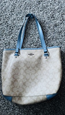 ￼ Coach Zip Top Tote Bag Outline Signature cornflower blue, and Khaki