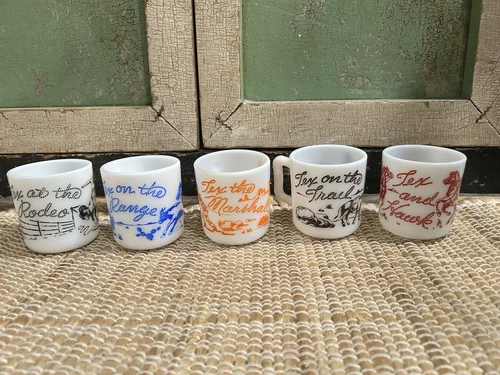 Vintage Davy Crockett Mug Set of 5 Milk Glass Hazel Atlas & Fire King