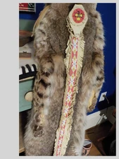 Native American bobcat Pelt Headdress c. 1990 beadwork suede lined fringe 40"