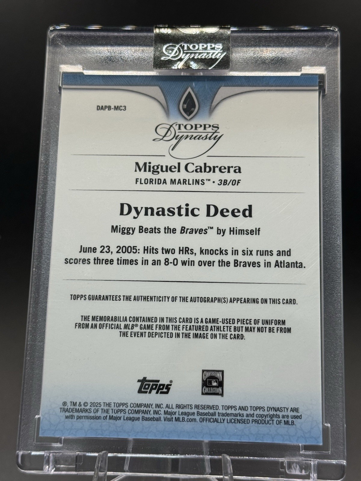 Topps 2025 Dynasty Dynastic Deed Miguel Cabrera Auto Patch 03/10 DAPB-MC3 view 2