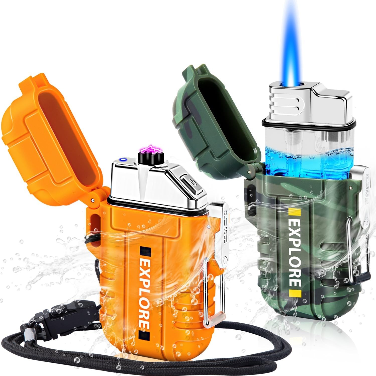 LcFun 2 Pack Waterproof Outdoor Lighter, Windproof Torch Orange+camouflage