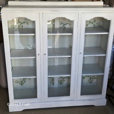 White Wood & Glass Freestanding Display Cabinet, 3 Glass Doors, 4 Shelves