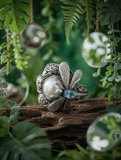 Beautiful Cultured Pearl Blue Topaz 925 ATI Sterling Dragonfly Ring  Sz 9- 8.5 g