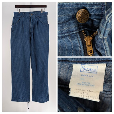#ad Vintage 80s Sears High Waist Pinstripe Denim Jeans USA 30x27 Talon Zip $64.99