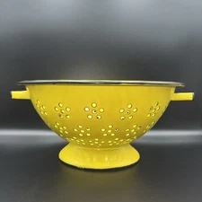 Vintage MCM Yellow Enamel Colander Strainer Handles Heavy Duty Black Rim JAPAN