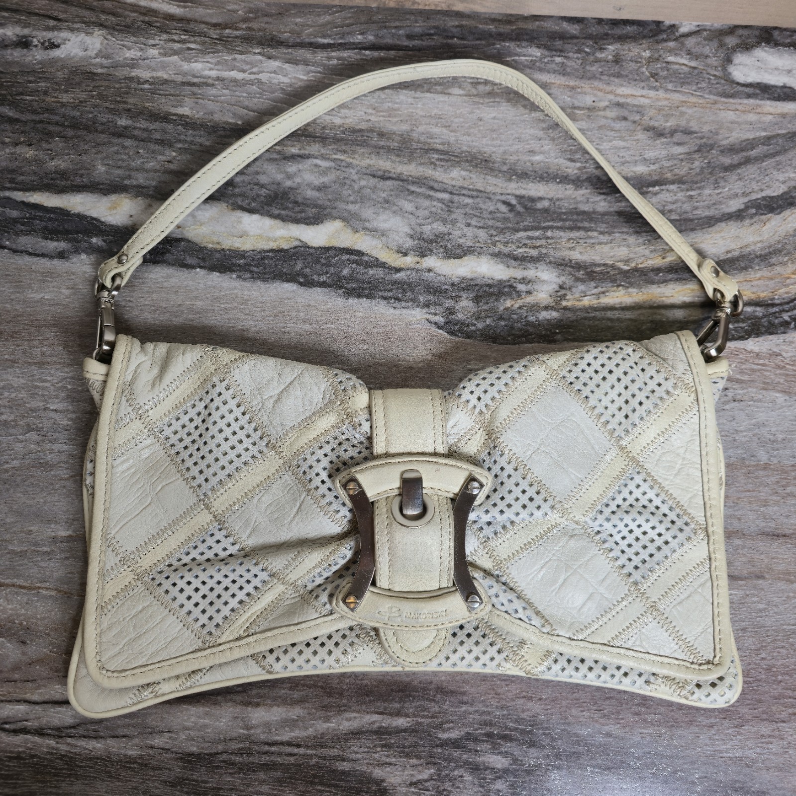 B. Makowsky Ivory Leather Patchwork Bow Shoulder … - image 1