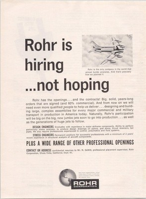 Rohr Corporation 1966 Vintage Print Ad Aircraft Engineering Jobs Recruitment