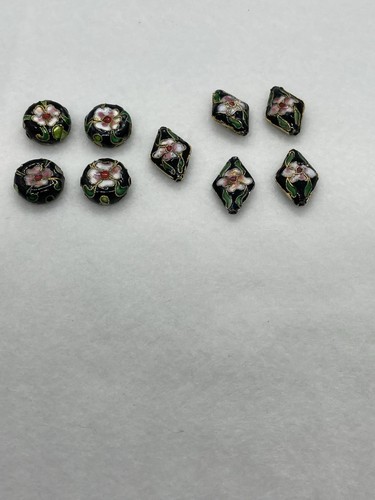 Vintage Cloisonne Puffy Disk Shaped Beads Lot Of 9 Flowers Colorful