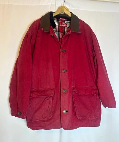 90s Marlboro Country Store Vintage Men's Red Cotton Canvas Field Jacket Plaid L video thumbnail